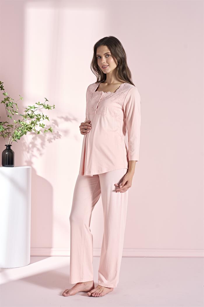 Kadın Pembe Uzun Kollu Lohusa 3lü Takım