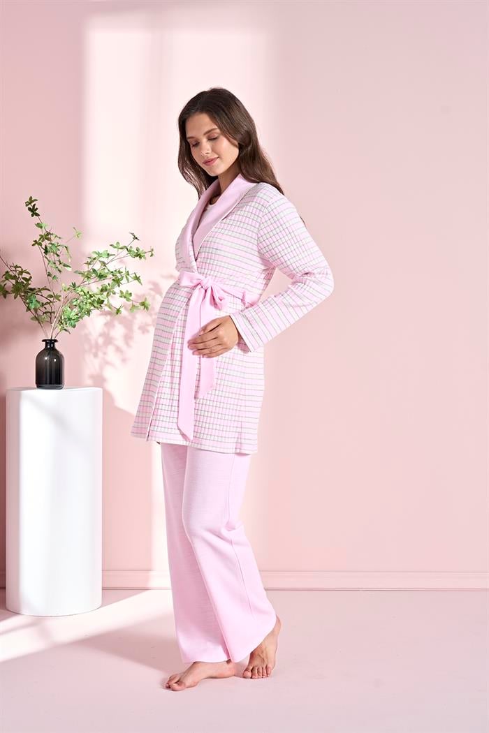 Kadın Pembe Uzun Kollu Lohusa 3lü Takım