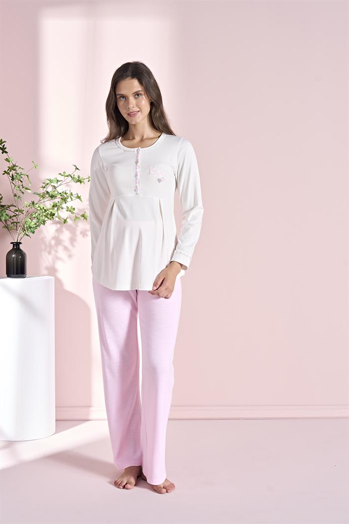 Kadın Pembe Uzun Kollu Lohusa 3lü Takım