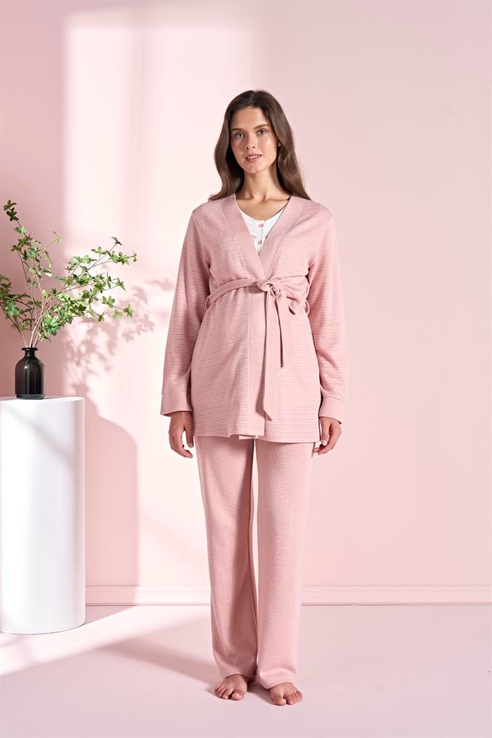 Kadın Pembe Uzun Kollu Lohusa 3lü Takım