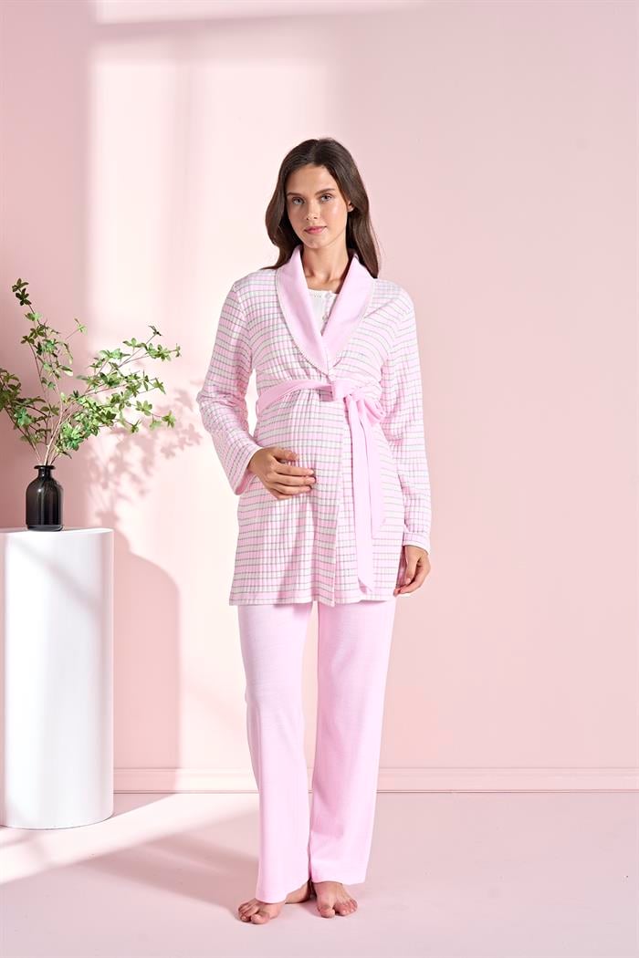 Kadın Pembe Uzun Kollu Lohusa 3lü Takım