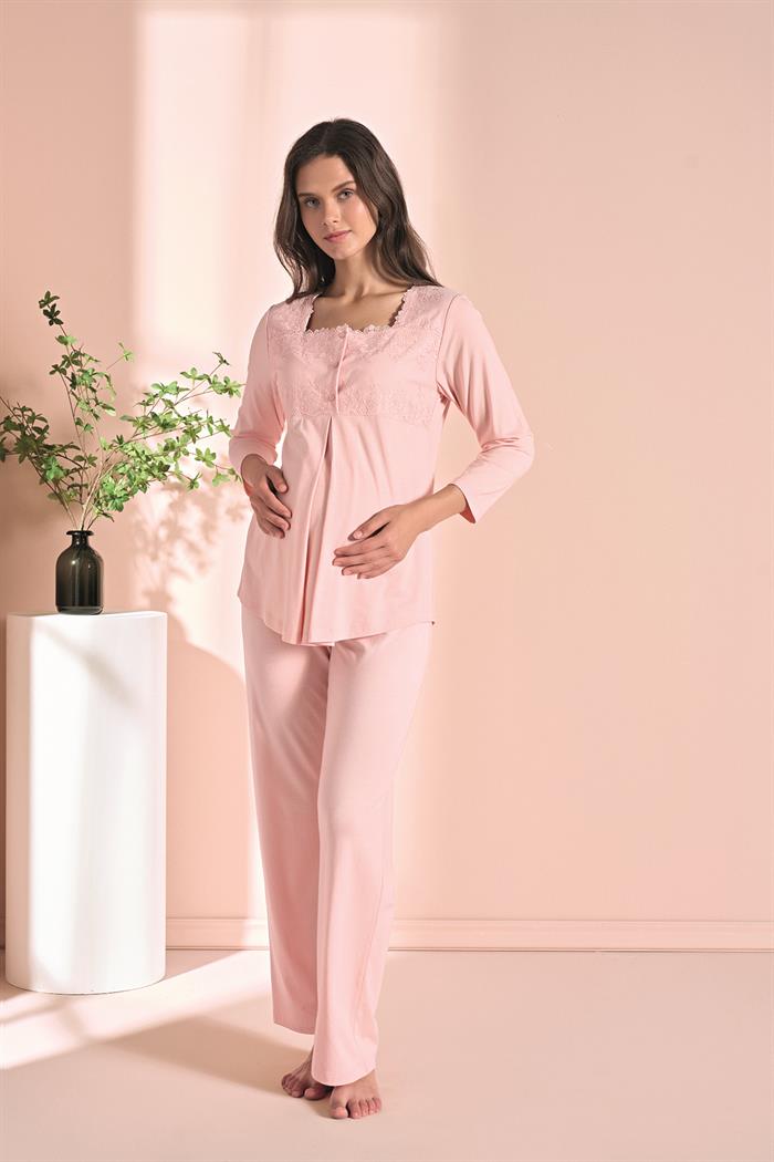 Kadın Pembe Uzun Kollu Lohusa 3lü Takım