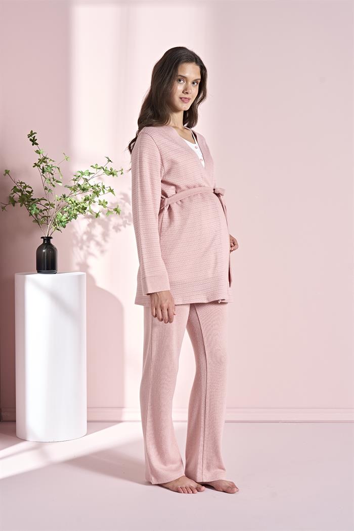 Kadın Pembe Uzun Kollu Lohusa 3lü Takım