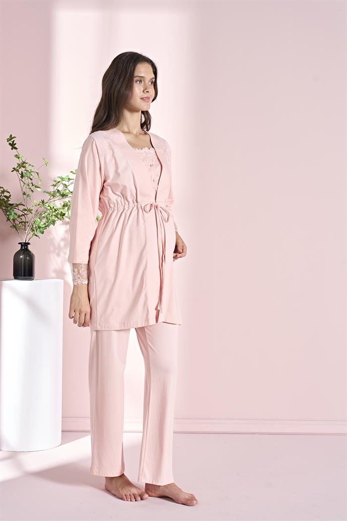 Kadın Pembe Uzun Kollu Lohusa 3lü Takım