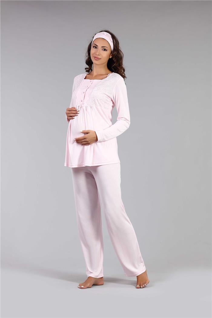 Kadın Pudra Hamile Tül Desenli Pijama Takım