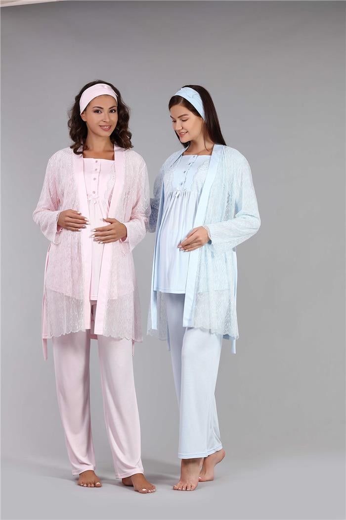 Kadın Pudra Hamile Tül Desenli Pijama Takım