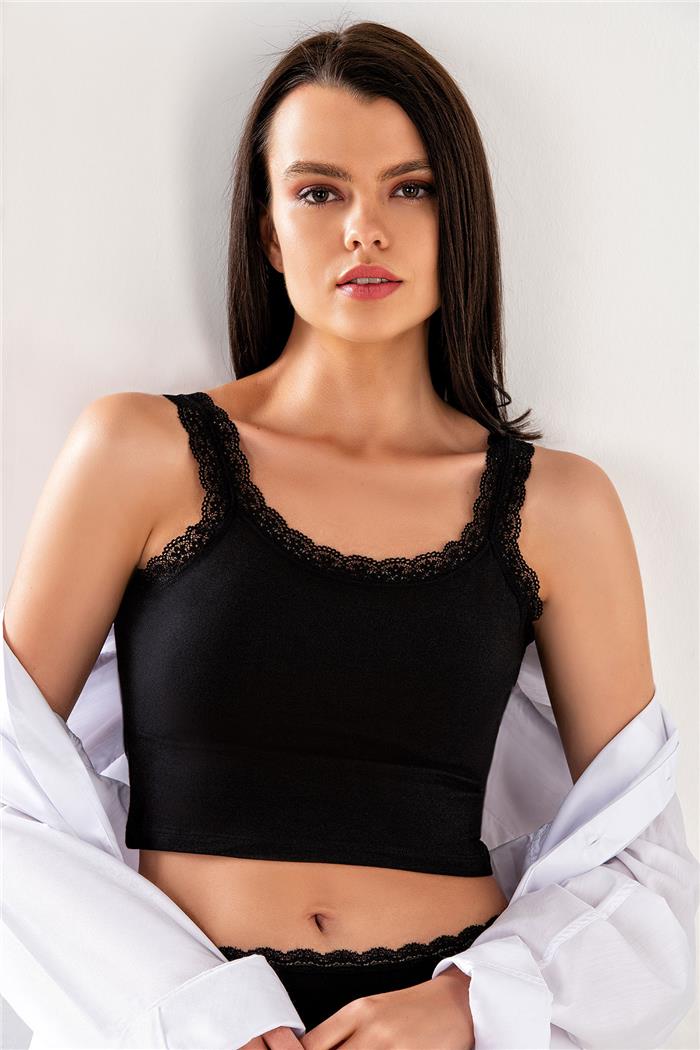 Kadın Siyah Dantelli Crop Atlet