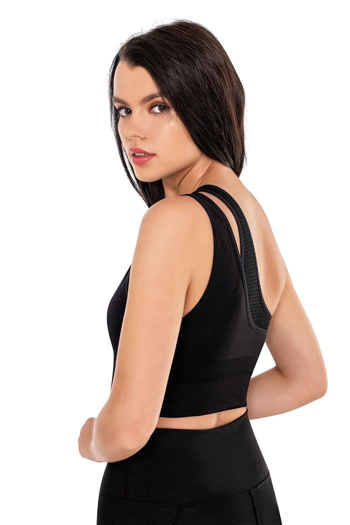 Kadın Siyah Dikişsiz Tek Omuz Spor Bralet