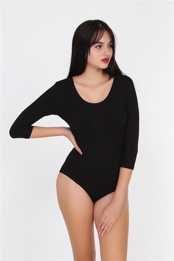 Kadın Siyah Penye Modal Geniş Yaka Uzun Kol Çıtçıtlı Body