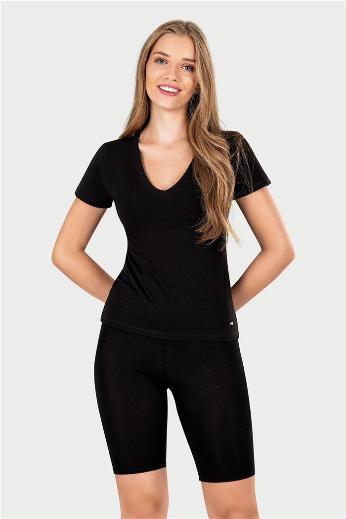 Kadın Siyah V Yaka T-shirt