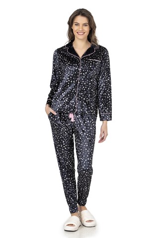 Kadın Siyah Yıldız Desenli Kadife Pijama Takımı