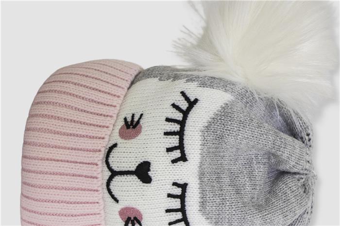 Kız Çocuk Gri Pembe Ponponlu Baskılı Bere