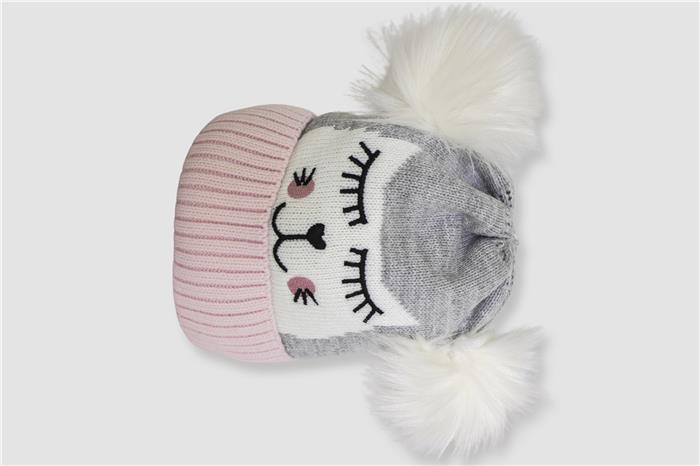 Kız Çocuk Gri Pembe Ponponlu Baskılı Bere