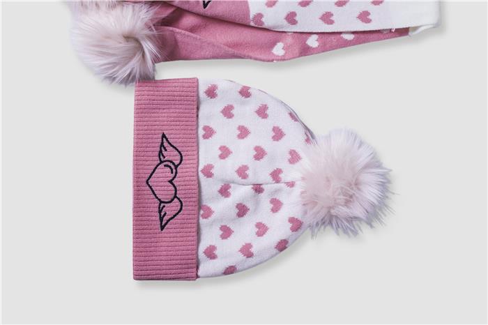 Kız Çocuk Pembe Ponponlu Atkı Bere Takım