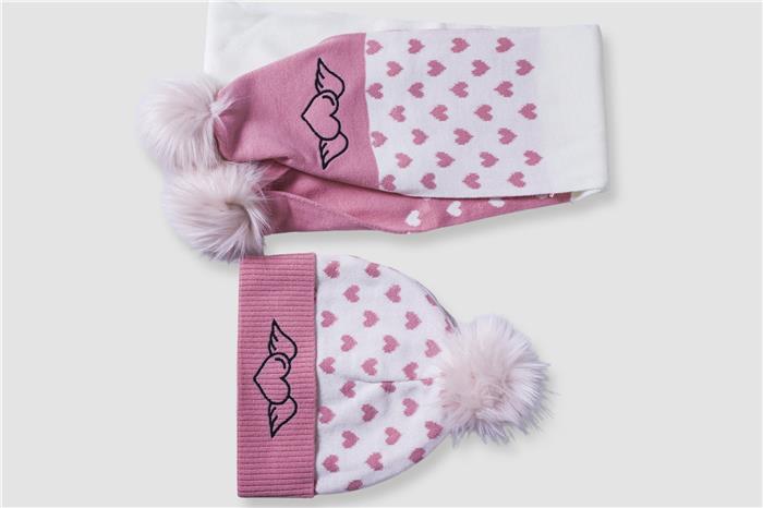 Kız Çocuk Pembe Ponponlu Atkı Bere Takım