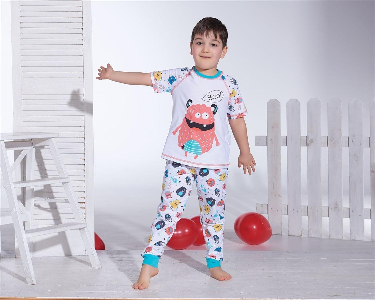 Beyaz Erkek Çocuk Baskılı Pijama Takımı