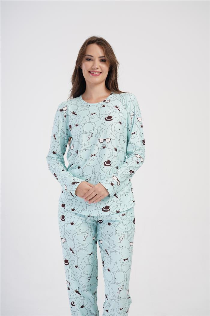 Kadın Su Yeşili O Yaka Uzun Kol Eteği Oval Pijama Üstü