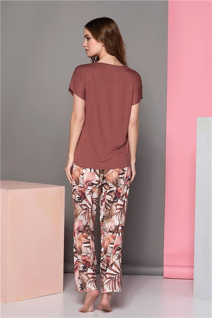 Kadın Yaprak Desen Kiremit Yaprak Desen Pijama Takım
