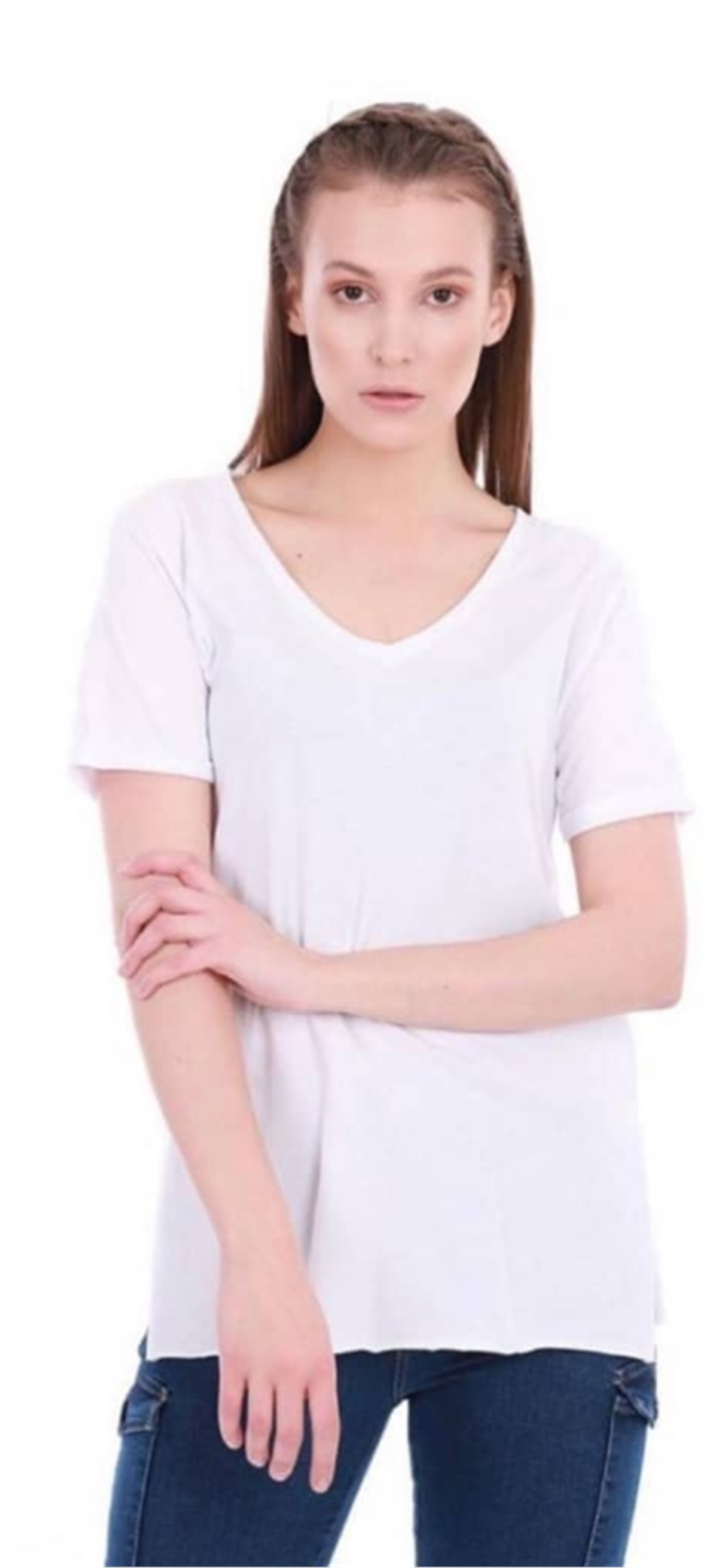 BluzV Yaka Yırtmaç Detay Basic Tişört Beyaz