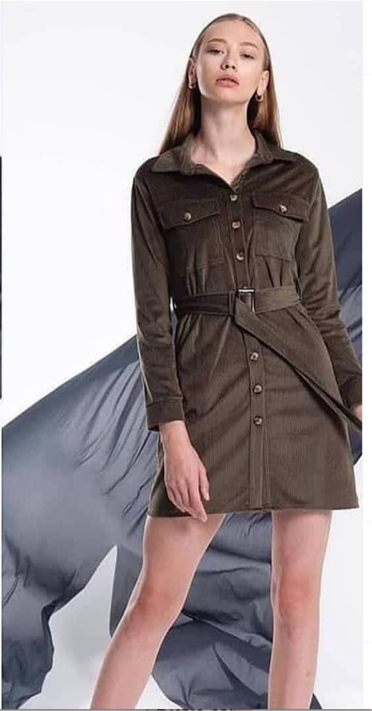 ELBİSE MODELLERİKemerli Fitilli Kadife Elbise Haki