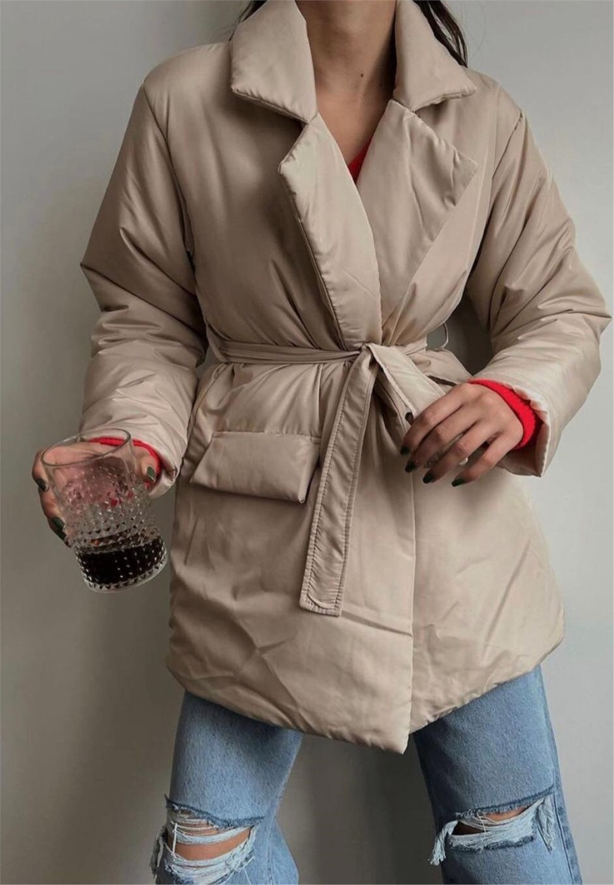 KabanBeli Bağlamalı Şişme Mont Bej