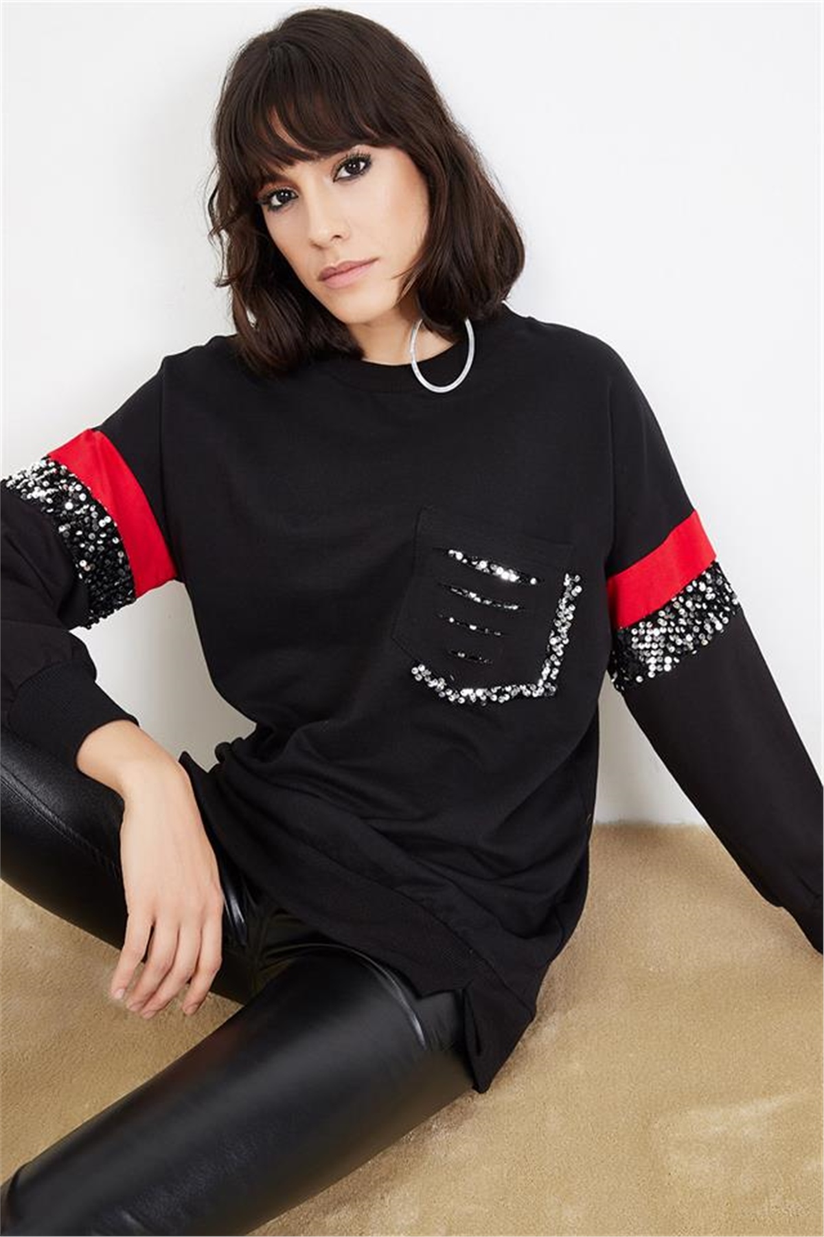 SweatshirtKadın Siyah Payet Detaylı Sweatshirt