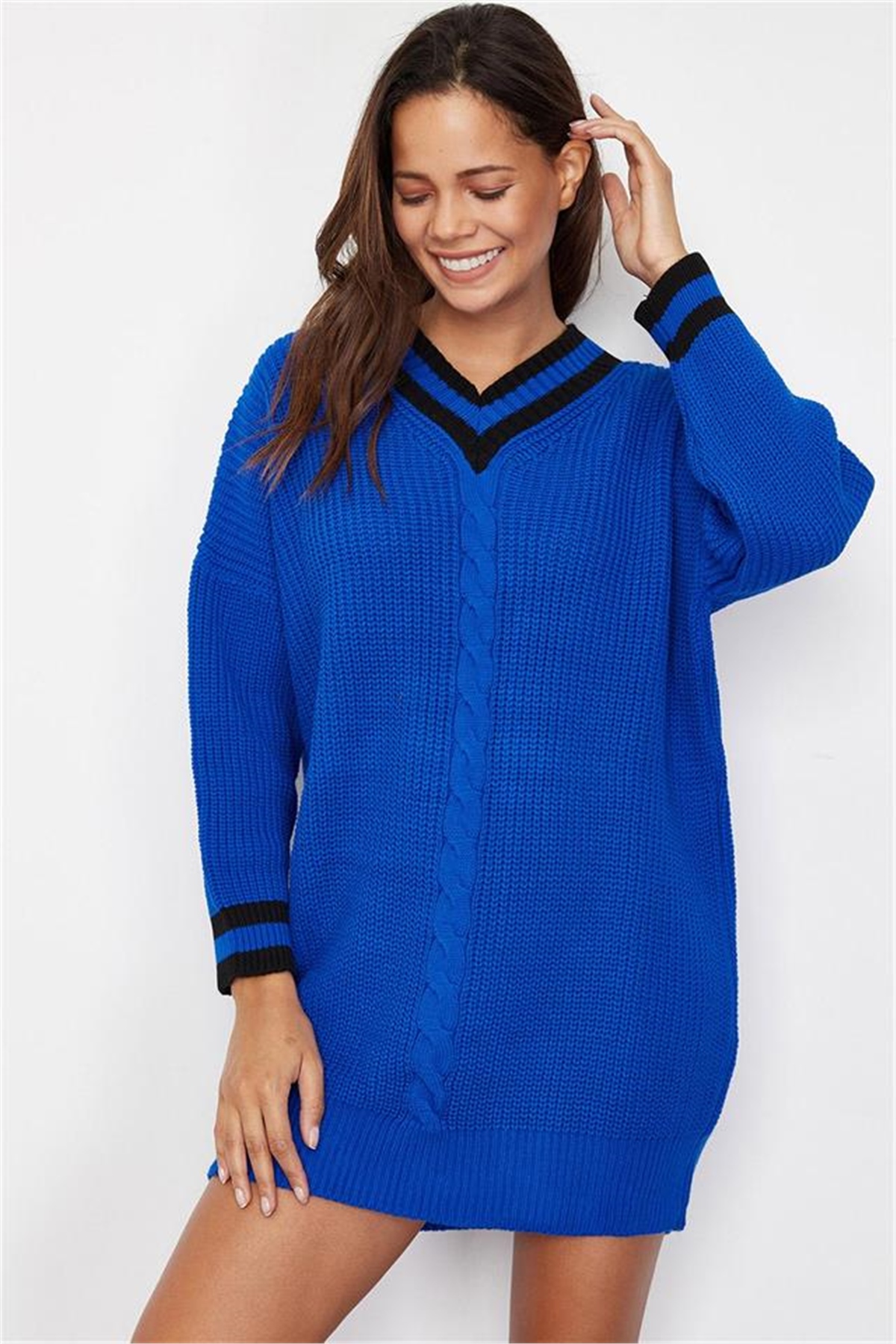 TrikoKadın Mavi V Yakalı Triko Tunik