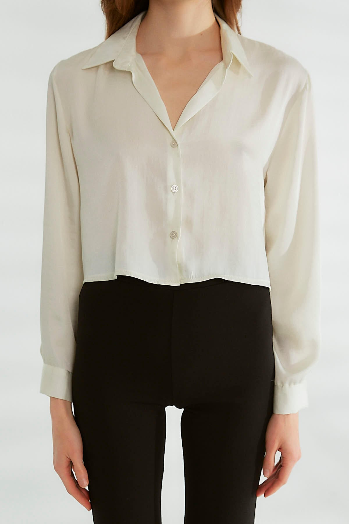 ÜST GİYİMGömlek Yaka Crop Bluz Ekru

