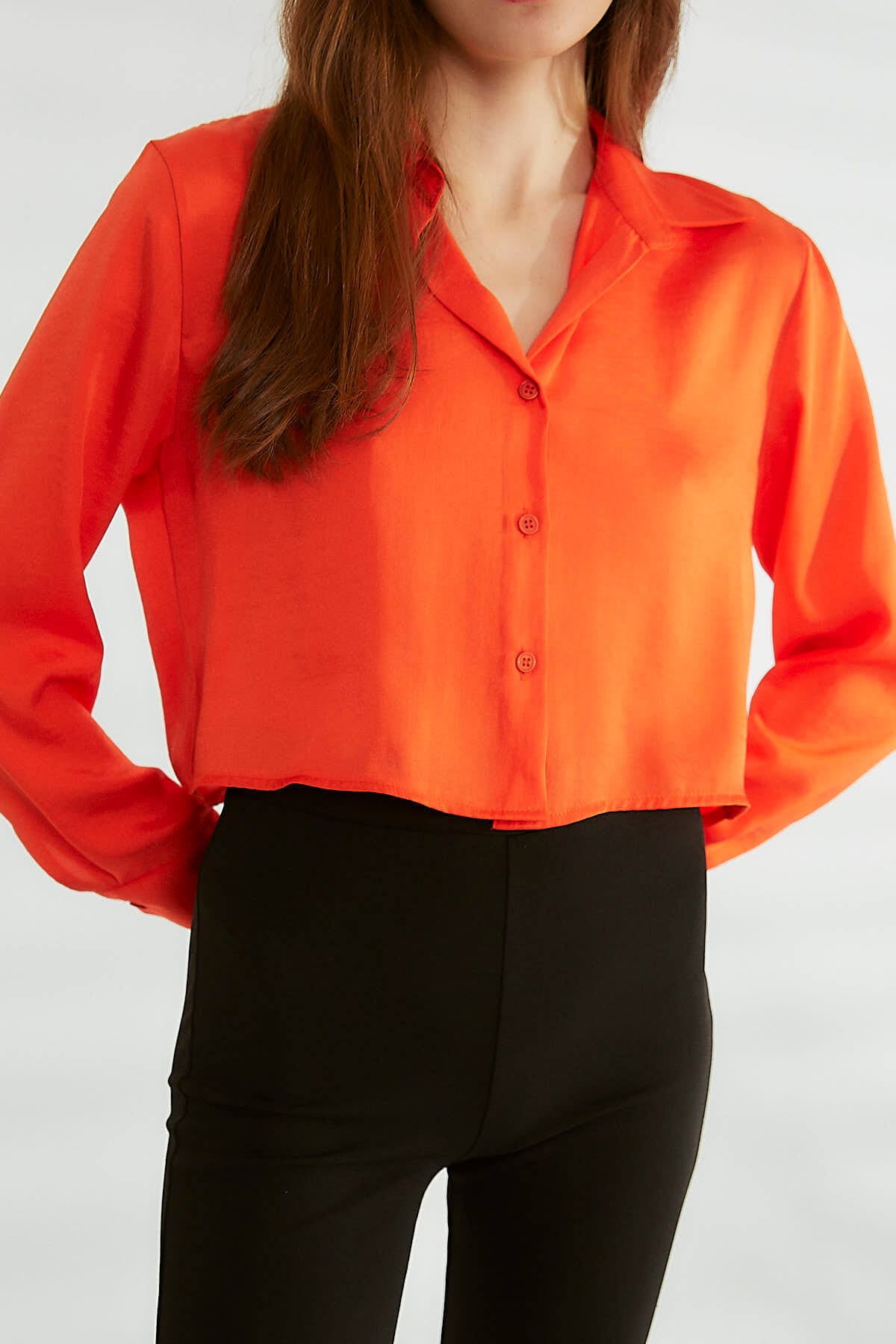 ÜST GİYİMGömlek Yaka Crop Bluz Turuncu

