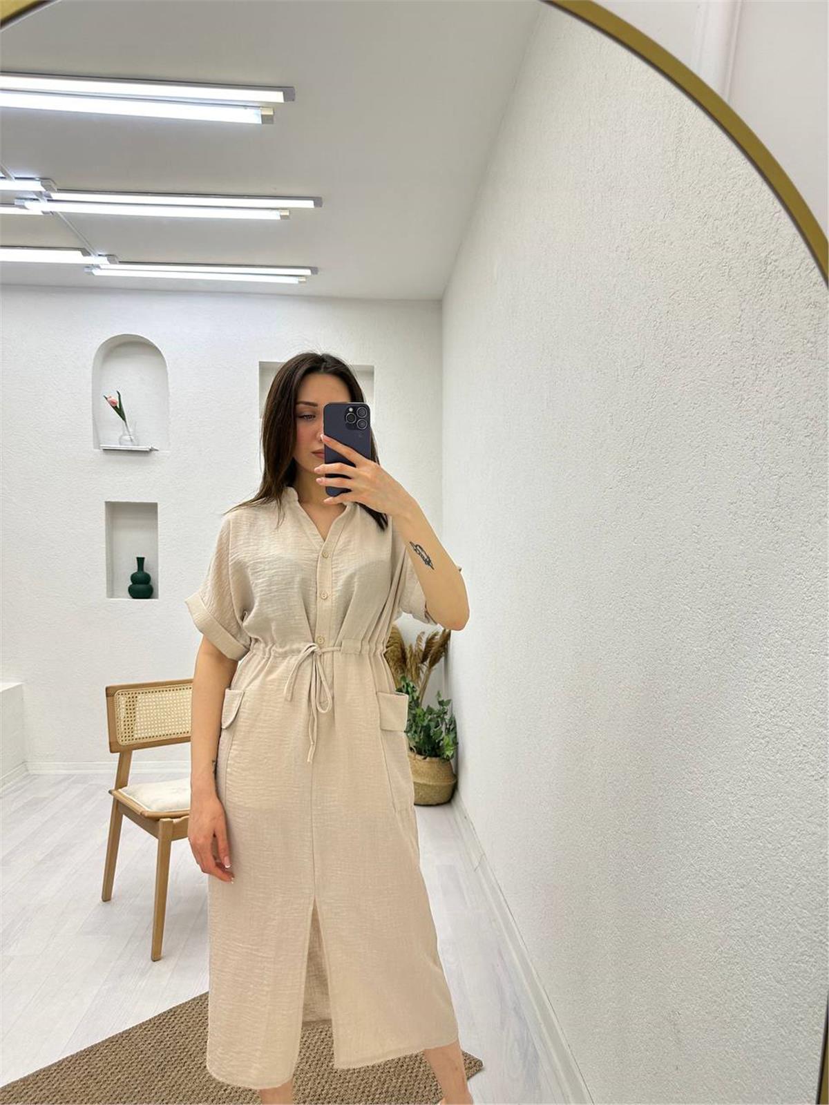 Yeniler,Keten Elbise Cep Detaylı Taş