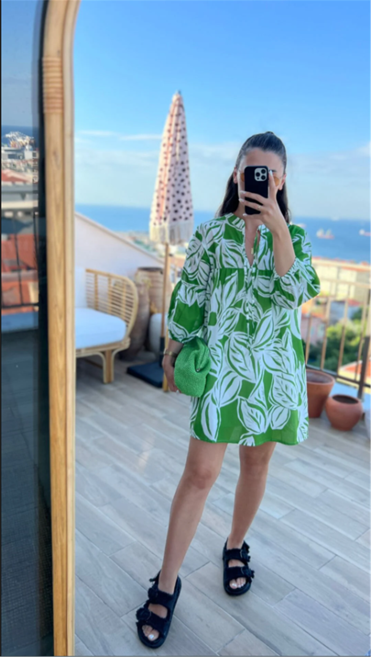 Yeniler,Yaprak Desenli Elbise Yeşil