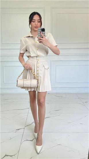Yeniler,Bej Önü Gold Düğmeli Kısa Kollu Elbise 