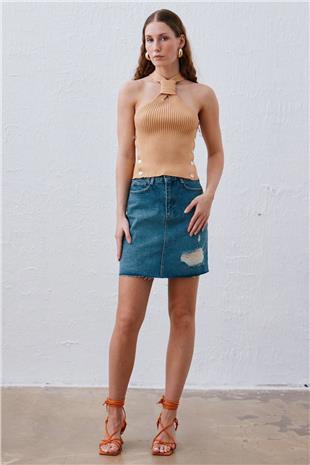Yeniler,Yırtık Detaylı Kot Etek Mavi