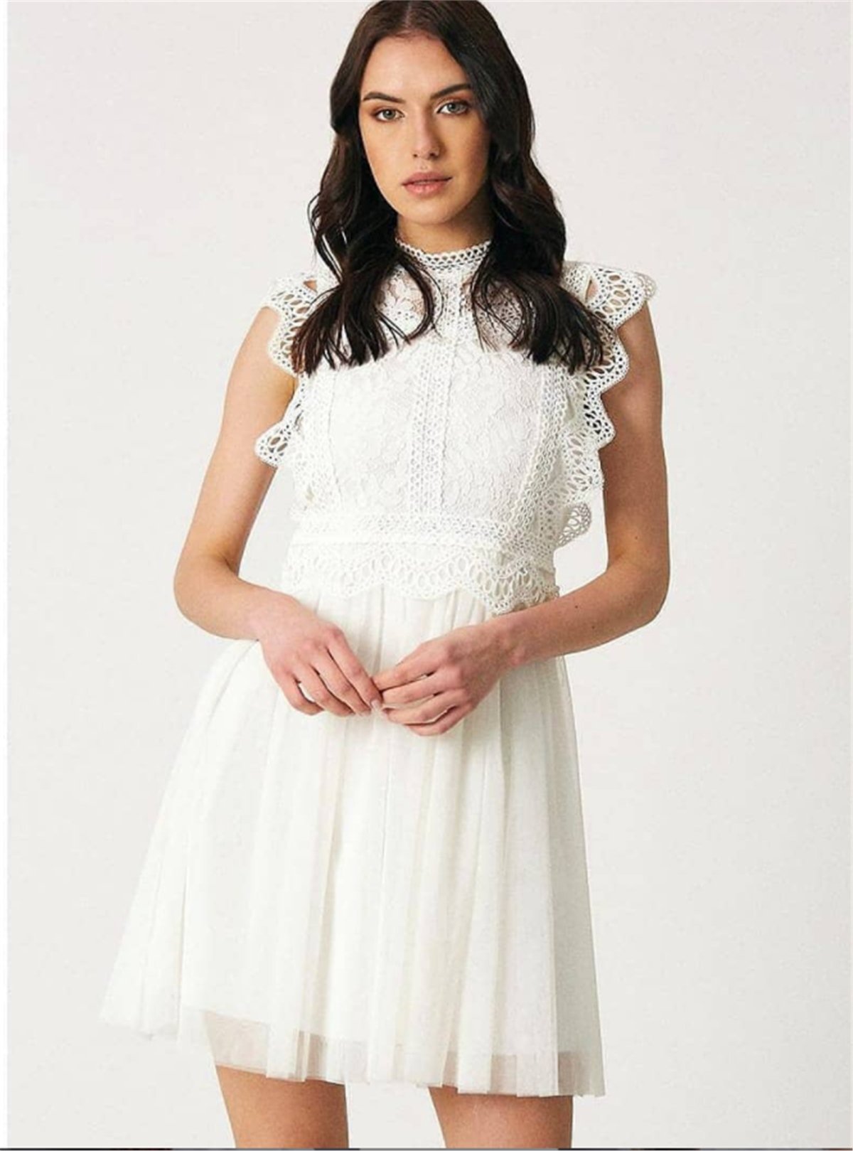 Eteği Tül Güpür Elbise Beyaz | marisammoda.com