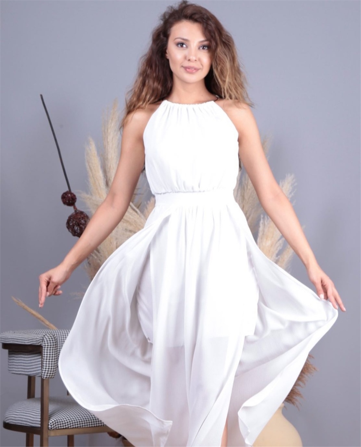 Kadın Yırtmaç Detay Uzun Beyaz Elbise | marisammoda.com