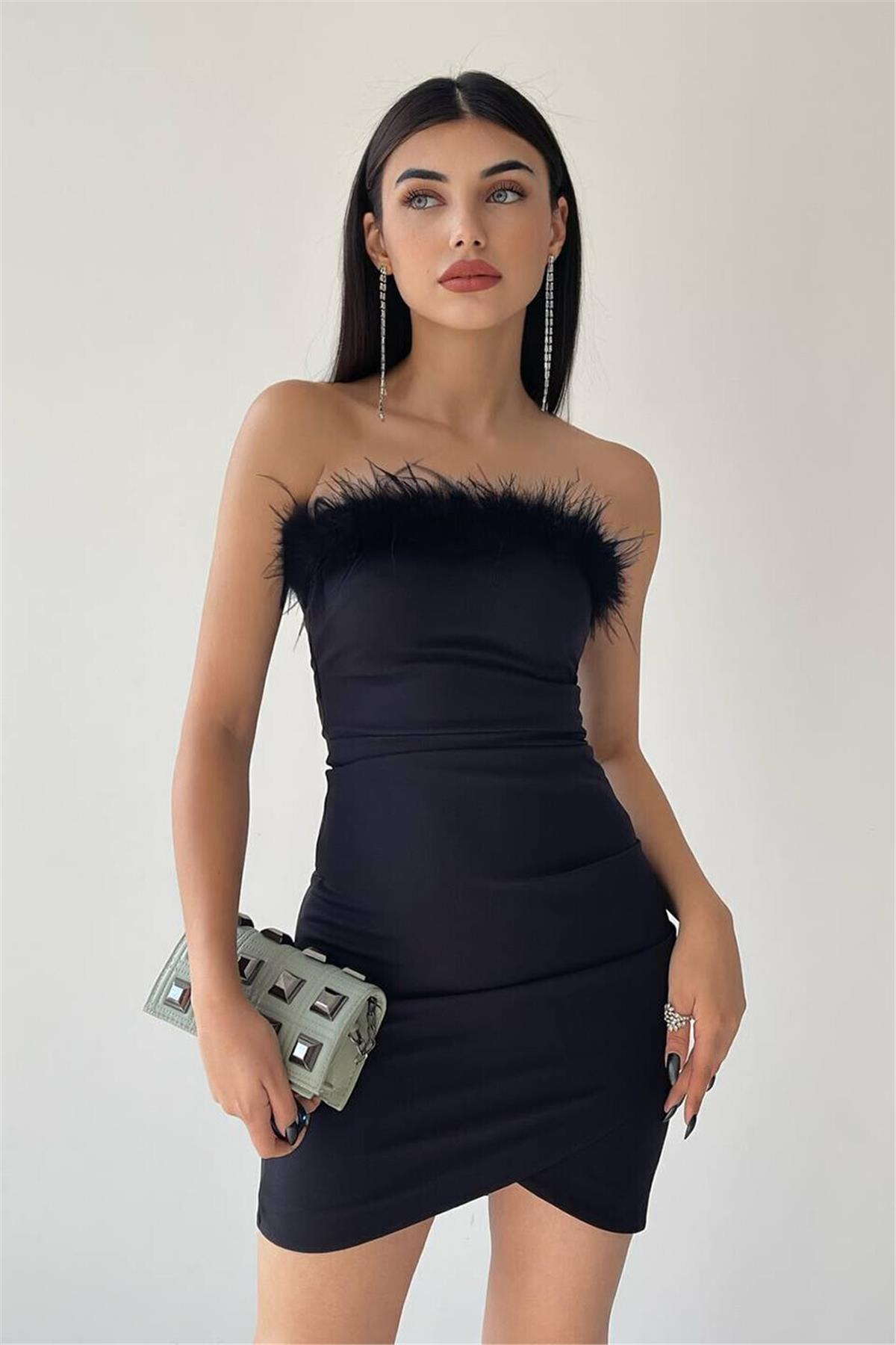 Otriş Detaylı Mini Elbise Siyah | marisammoda.com