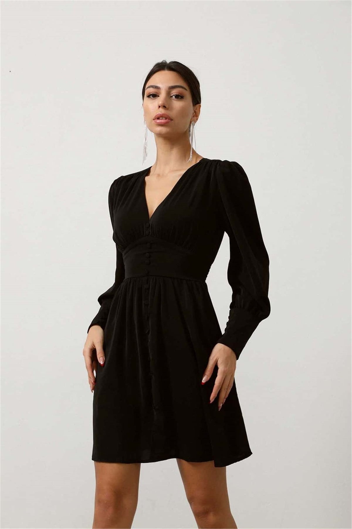 V Yaka Beli Gipeli Elbise Siyah | marisammoda.com