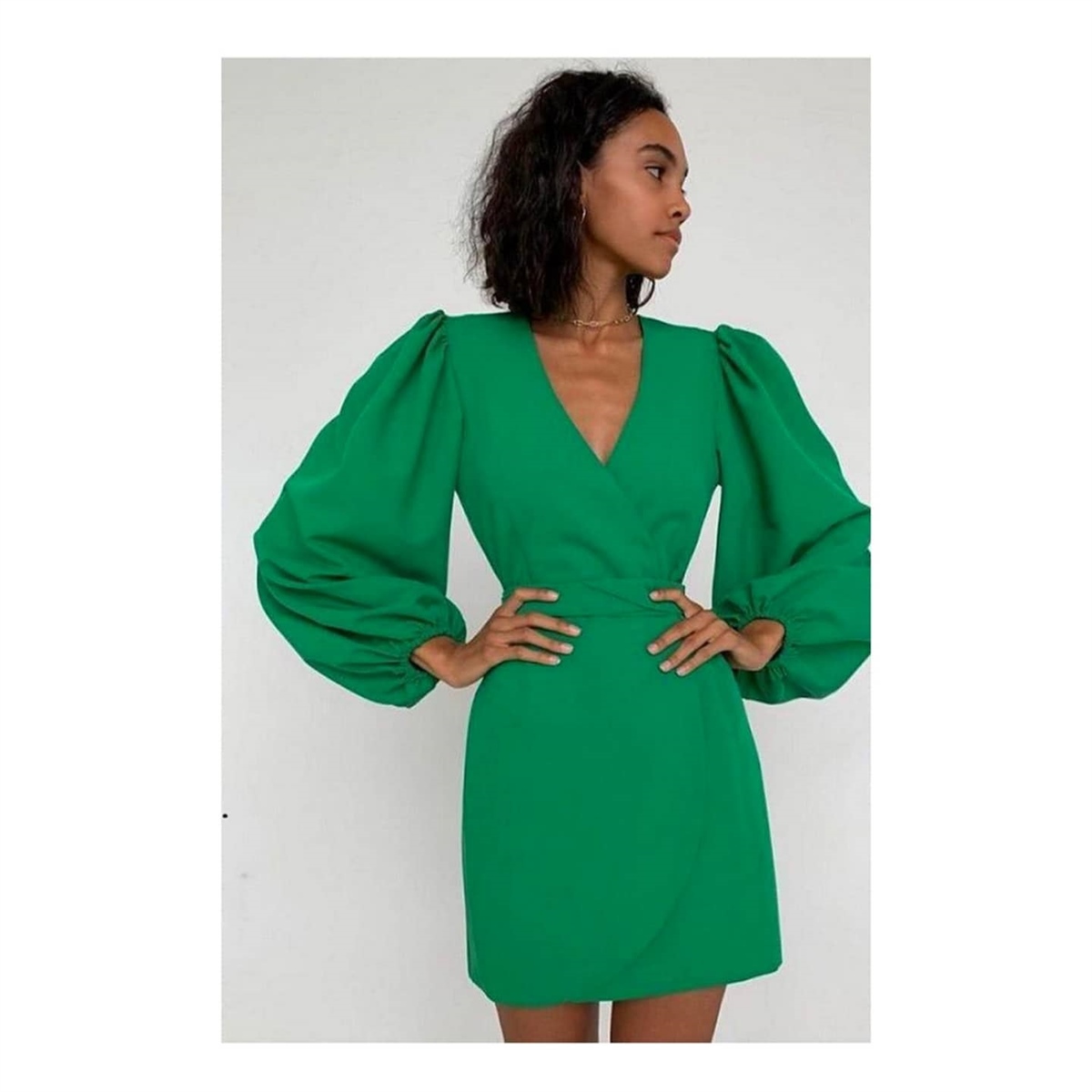 Kadın Balon Kol Kemerli Kruvaze Elbise Yeşil | marisammoda.com