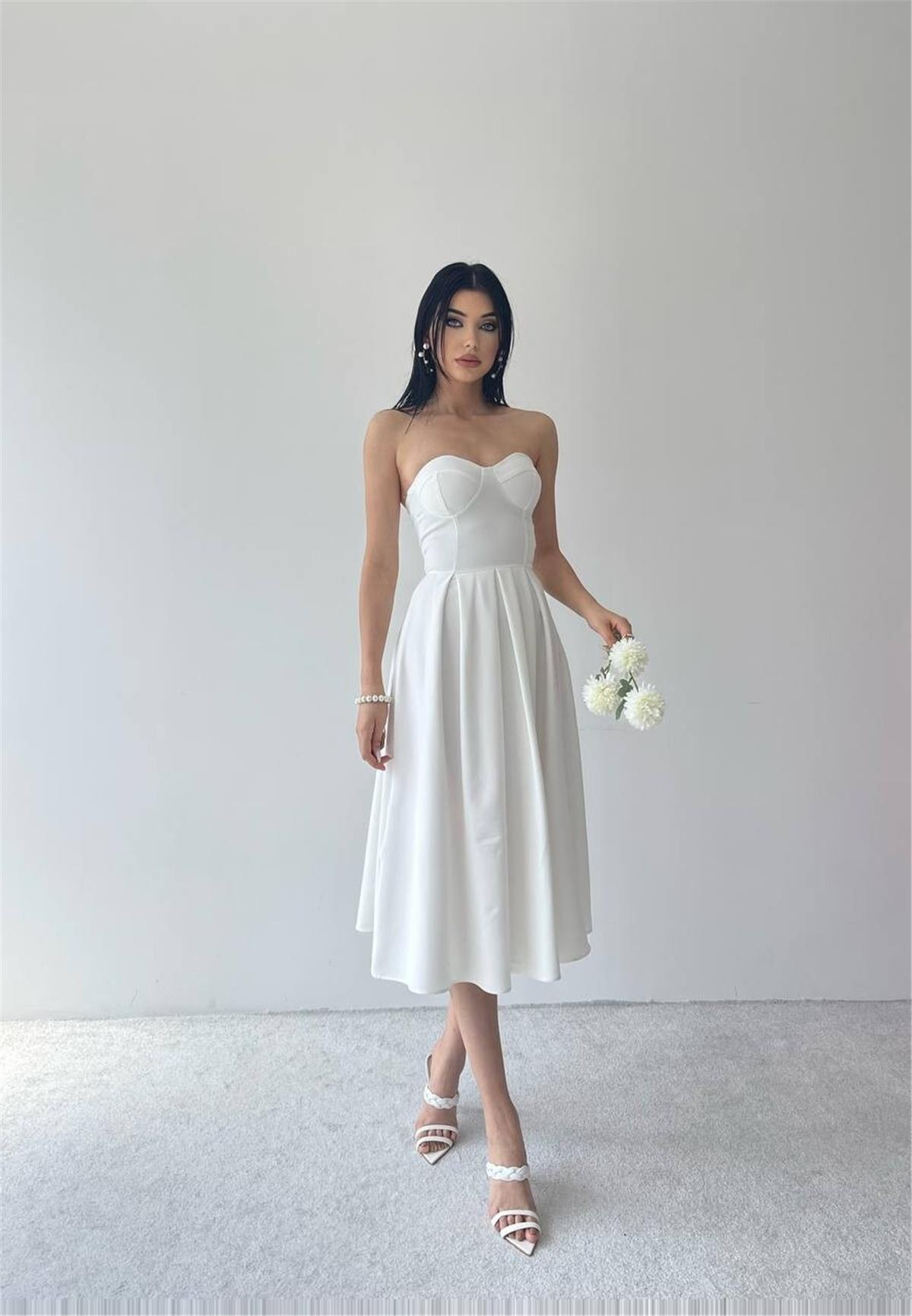 Elina Straplez Midi Elbise Beyaz| marisammoda.com