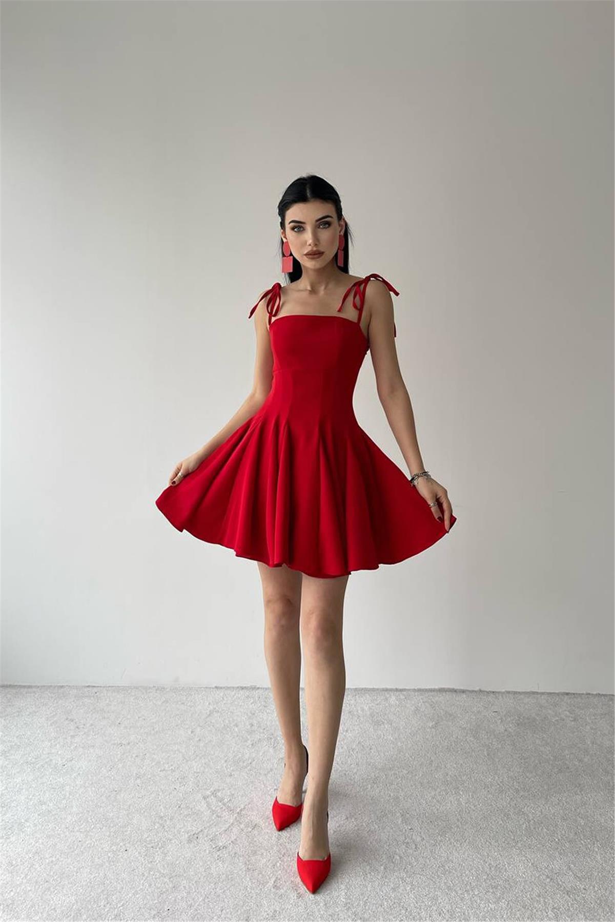 Prenses Model Askılı Mini Elbise Kırmızı| marisammoda.com