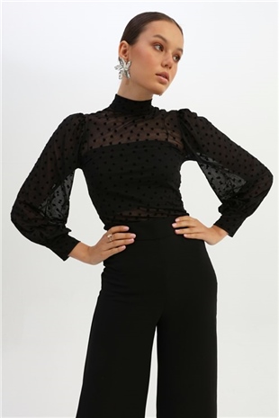 Kadın Uzun Kol Tül Bluz Siyah | marisammoda.com
