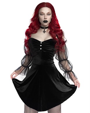 Goth Black Velvet White Lace Dress Gothic