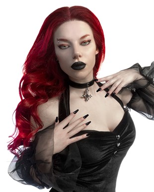Goth Black Velvet White Lace Dress Gothic