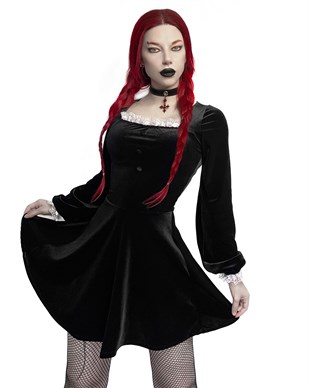 Goth Black Velvet White Lace Dress Gothic