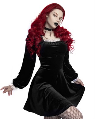 Goth Black Velvet White Lace Dress Gothic
