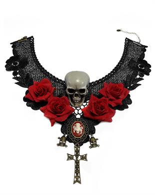 CHOKER Gothic Rose and Skull Cross  