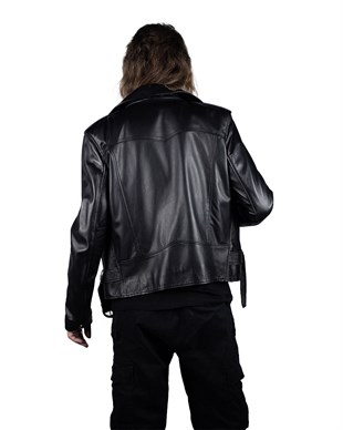 REBELLION Men Black Belt Bike Leather Jacket