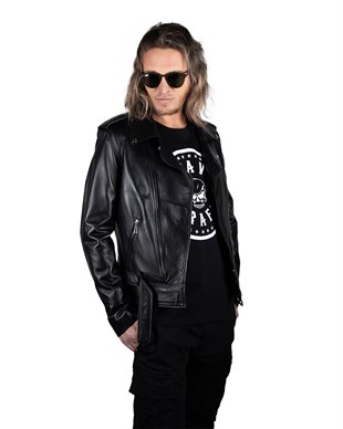 REBELLION Men Black Belt Bike Leather Jacket