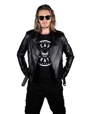 REBELLION Men Black Belt Bike Leather Jacket