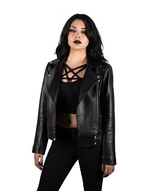 VACCINE Women Black Bike Leather Jacket